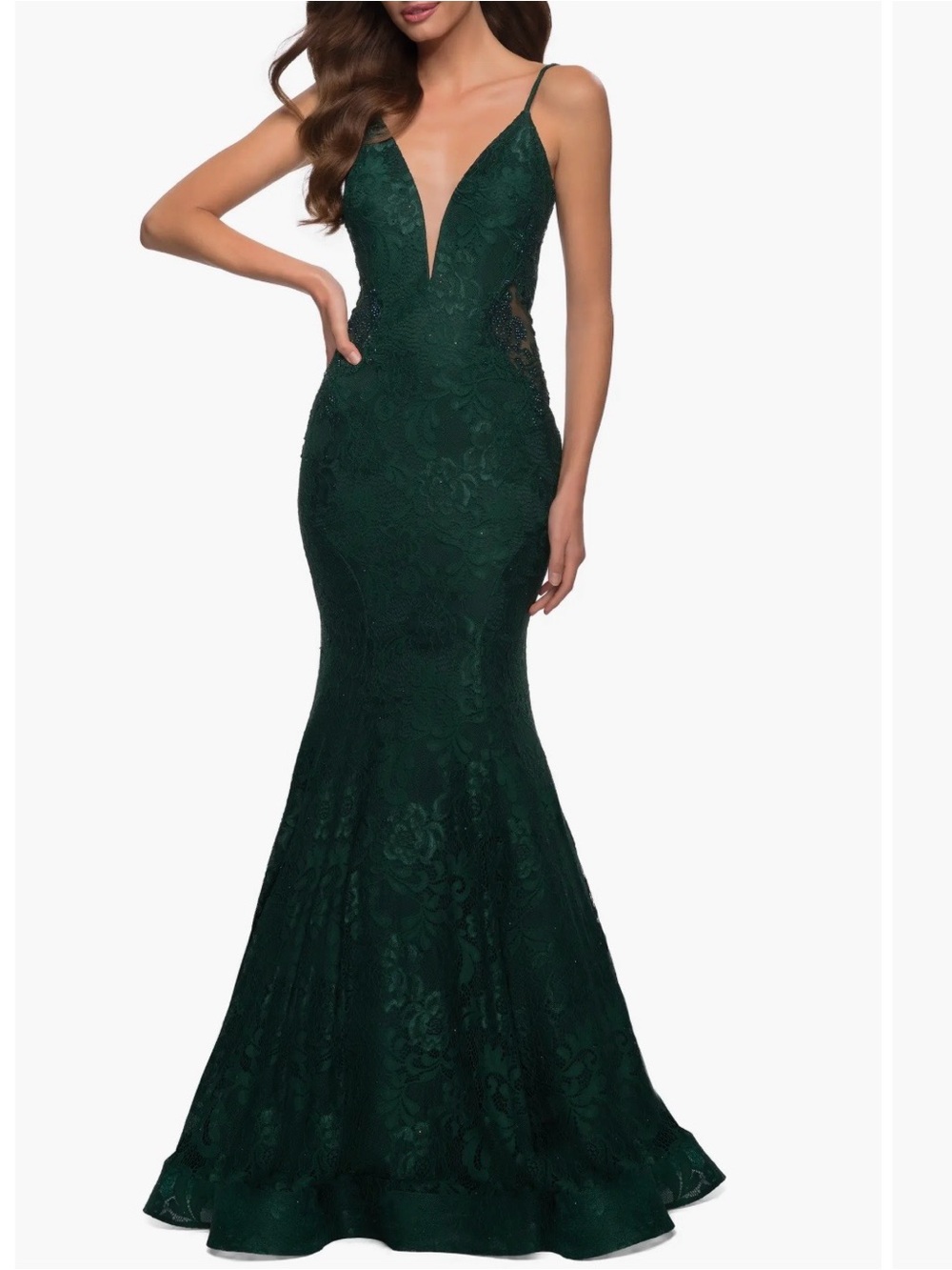 NWT La Femme Long Mermaid Lace Green Dress with Back Rhinestone Detail  Size 2